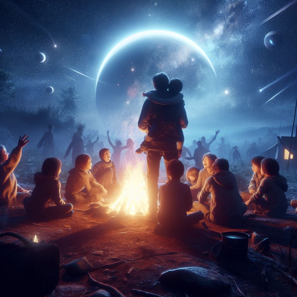 Image of a group of children happily sitting around a campfire