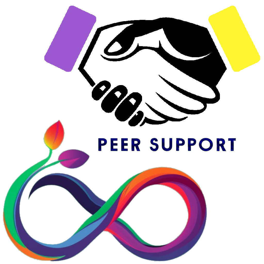 Alt Text: “Logo with a handshake symbolizing support, ‘PEER SUPPORT’ text, and an infinity symbol with a sprouting plant, representing endless growth and support.”