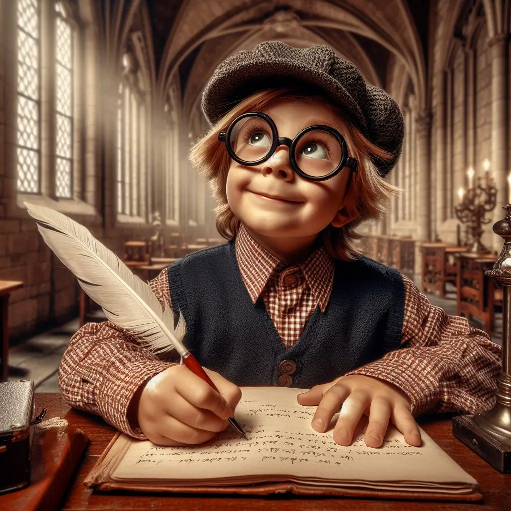 Image of a nerdy child writing with a quill in what looks like a medieval convent, light-hearted perspective