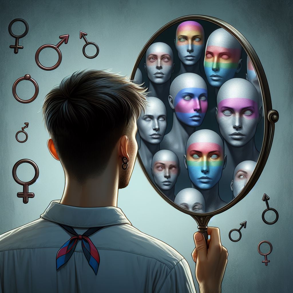 “A genderless person seen from behind looking into a mirror, reflecting multiple clear faces that represent the diverse identities within dissociative disorders.
