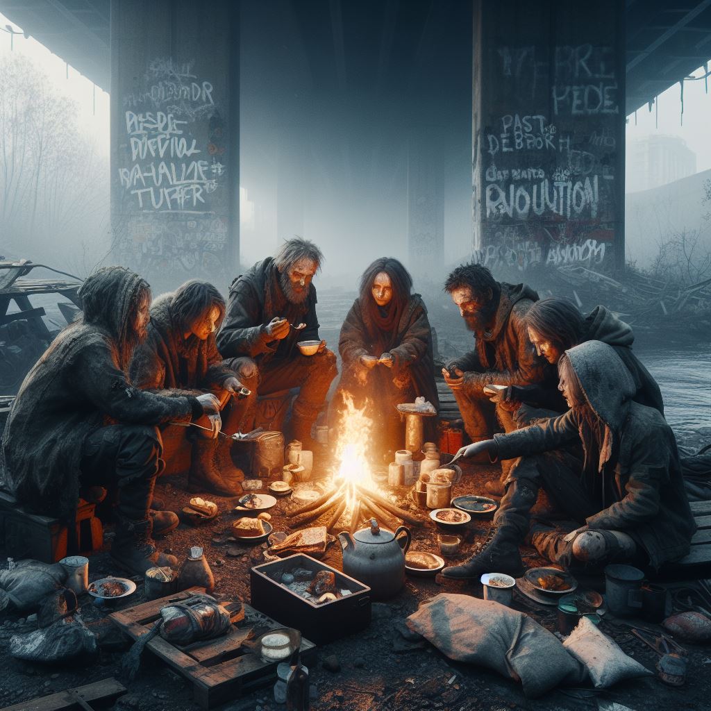 a group of emaciated survivors gather around a makeshift campfire eating, crying, and laughing, in a post apocalyptic environment under a dilapidated bridge with graffities inciting to revolution , UHD, haunting, unreal engine